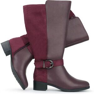 ⚡Women's Burgundy Synthetic Extra Wide Calf Pull On Side Zipper Knee High Boots